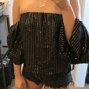 Black and gold stripe puff sleeve tube top